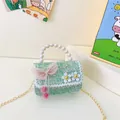 Green sequined girls' crossbody bag with pearl handle and pink bow charm detail - Green Mesh Bowknot (Style 1)