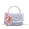 Blue tweed girls handbag with pearl handle, sequin finish and plush bunny charm - Style 1 Blue (Red Bear)
