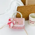 Pink tweed girls handbag with pearl handle and red checkered bow decoration - Red Fabric Bowknot (Style 2)
