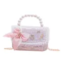 Pink tweed kids handbag with pearl handle, striped bow, and golden chain strap - Pink Fabric Bowknot (Style 2)
