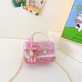 Pink tweed kids crossbody bag with pearl handle, lace edges and cute bunny doll - Style 1 Red (Red Bear)