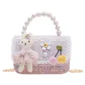 Pink tweed girls handbag with pearl handle and cute rabbit doll decoration - Style 2 Pink (White Bear)