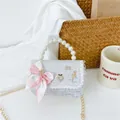 Kids' light blue sequin tweed handbag with large plaid bow and pearl handle - White Fabric Bowknot (Style 2)