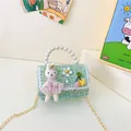Green tweed girls crossbody bag with pearl handle and bunny pendant charm - Style 2 Green (White Bear)
