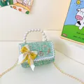 Green tweed kids handbag with yellow plaid bow, pearl handle and gold chain strap - Green Fabric Bowknot (Style 2)