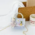 Blue and purple tweed mini crossbody bag with pearl handle and plush bunny detail - Style 2 Blue (White Bear)