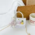 Light blue sequin girls handbag with pearl handle and plush bunny decoration - Style 2 White (White Bear)