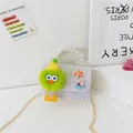 Silver sequin mini handbag for girls with pearl handle and green plush monster charm - Type 1 Monster Bird / White