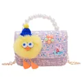 Kids purple sequin mini handbag with pearl handle, gold chain and cartoon chick decor - Type 1 Monster Bird / Purple
