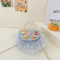 Mini-Handtasche für Kinder, hellblaue Pailletten mit Spitze und Cartoon-Anhängern - Modell 1 Hase Blau