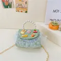 Grüne Tweed-Kinderhandtasche mit Pailletten, Perlengriff und süßen Cartoon-Anhängern - Modell 1 Hase Grün