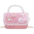 Pink sequin girls handbag with pearl handle, chain strap and decorative swan patches - Type 2 Swan with No 5 Bottle / Rose Red