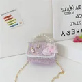 Kids sequin handbag in pastel purple with pearl handle and swan mesh patch - Type 2 Swan with No 5 Bottle / Purple