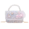 Light blue and pink sequin girls handbag with pearl handle and swan charm detail - Type 2 Swan with No 5 Bottle / White