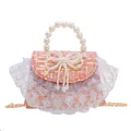 Meisjes tas van oranje tweed met gouden lovertjes, parelhandvat en kanten strik - Model 2 Strik Rood