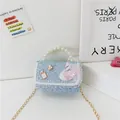 Light blue girls' sequin handbag with pearl handle and elegant lace edges - Type 2 Swan with No 5 Bottle / Blue