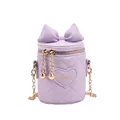 Purple quilted bucket bag for girls with bow, heart embroidery and gold chain strap - Purple