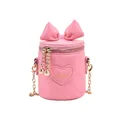 Pink quilted leather bucket bag with ribbon bow and golden Love heart charm - Rose Pink