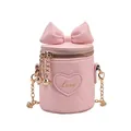 Pink quilted bucket bag with large bow and gold chain strap for kids and women - Pink