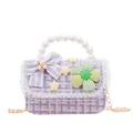 Schattige tweed handtas voor kinderen met parelhandvat en cartoon bloem charms op wit - Paars Roze