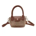 Vintage brown plaid tweed handbag for girls with dark brown leather strap and handle - Khaki