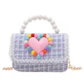 Purple tweed girls handbag with pearl handle, pink heart, and golden chain strap - Purple Plaid