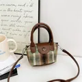 Retro plaid tweed handbag for children featuring green and brown leather details - Green