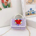 Kids purple tweed crossbody bag with red heart ornament and pearl handle - Purple Pink Plaid