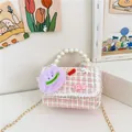Pink tweed girls mini shoulder bag with pearl handle, plush monster and baby patch - Pink Monster