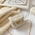 Elegant white tweed crossbody bag with pearl trim and gold chain strap for girls - Off White