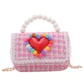 Pink tweed crossbody bag for girls with heart decor and pearl handle accents - Rose Pink Plaid