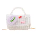 Kids cream tweed handbag with pearl handle and cute cartoon monster charms - Beige Monster