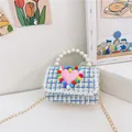 Blue tweed kids crossbody bag with pearl handle, pink heart, and lace trim detail - Blue Plaid