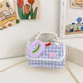 Kids purple plaid crossbody bag with pearl handle and cute cartoon character patches - Purple Monster
