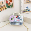Blue plaid tweed kids handbag with pearl handle, lace trim and cute cartoon charms - Blue Monster