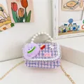 Meisjes handtas van roze en paars tweed met parel handvat en leuke cartoon patches - Paars Roze Monster