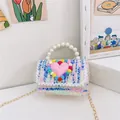 Mini borsa per bambini in tweed colorato con manico di perle e decoro a cuore - Blu