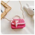 Detail of pink tweed children purse with pearl handle and bow decoration for girls - Plaid Bow / Rose Red