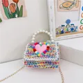 Borsa tweed colorata per bambini con cuore rosa e manico di perle tracolla - Colorato