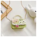 Detail of tweed kids bag with lace trim, pink bow, pearl handle and gold chain strap - Flower Bow / Yellow-Green