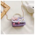 Detail of purple plaid tweed bag with pearl handle and mesh bow for little girls - Flower Bow / Purple