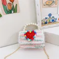Borsa a tracolla in tweed rosa e verde per bambine con cuore rosso e perle - verde rosa