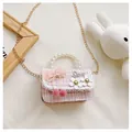 Detail of pink tweed children's bag with pearl handle and Love lettering ornament - Flower Bow / Pink