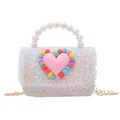 Borsa bimba in tweed con cuore, bordo in pizzo bianco e manico di perle finte - Rosa chiaro