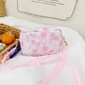 Pink floral lace crossbody bag for girls with 3D flower embroidery and ruffle strap - Pink