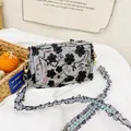 Girl's grey mesh floral shoulder bag with black 3D flower applique and sequins - Black