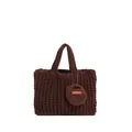Deep brown chunky knit tote bag with handmade leather label and waffle texture - Brown