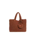 Brown knit tote bag with waffle texture and Hand Made charm for winter style - Brown