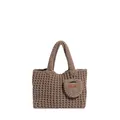 Brown crochet knit tote bag set with matching pouch and handmade leather patch - Khaki