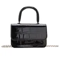 Glossy black PU leather crossbody bag with crocodile texture and metal chain - Black